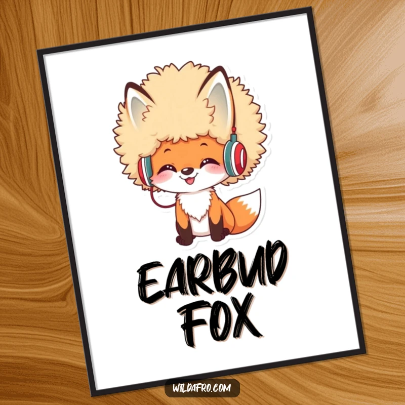 Funny Afro Fox DJ Digital Art Print showing a cheerful fox with a voluminous afro and tiny headphones, ideal for music-themed decor.