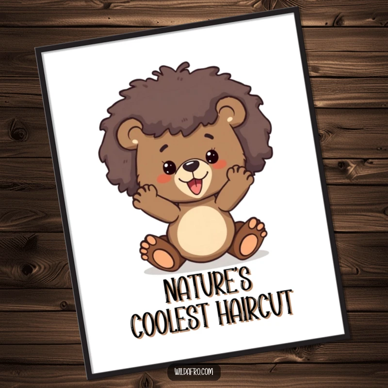 Funny bear cub with a bold, wild afro rendered as a digital art print, capturing playful and humorous essence.