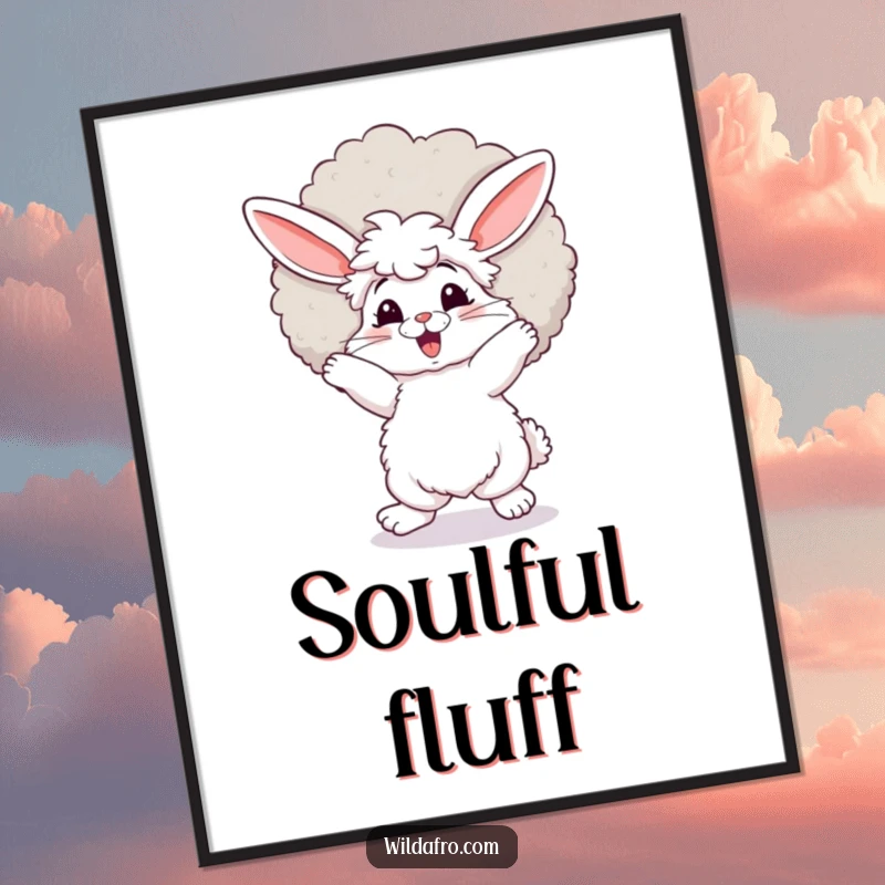 Funny bunny digital art, fluffy with a spectacular afro, dancing with infectious energy, perfectly groovy and humorous. An instant funny gift.