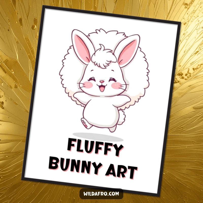 Funny bunny afro digital art print of a fluffy bunny with rosy cheeks happily bouncing with a giant afro puff.