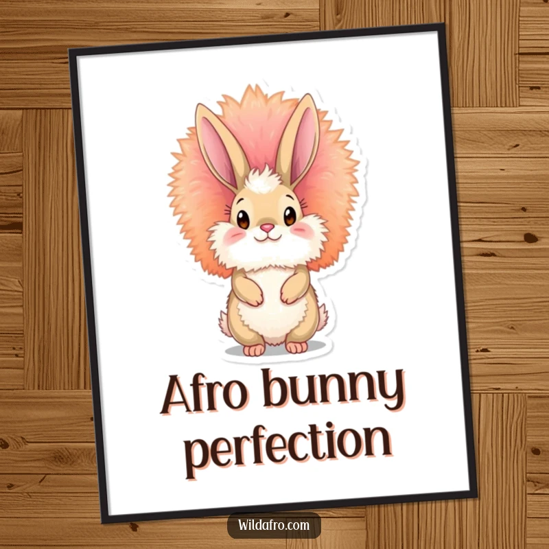 Funny bunny afro digital art print of a fluffy bunny with a vibrant, towering afro, embodying retro style and playful fun.