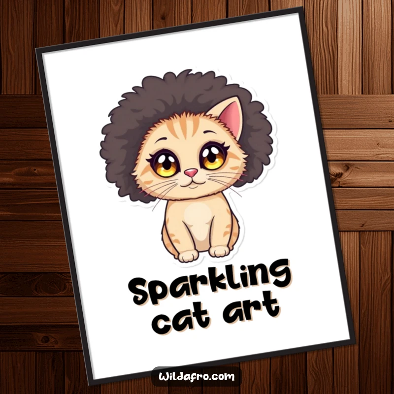 Funny cat afro digital art print of a small, round cat with large, sparkling eyes wearing a voluminous afro wig.