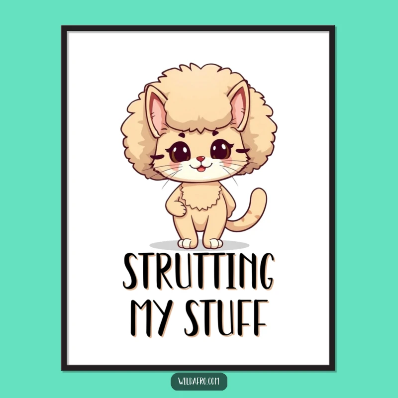 Funny Cat Afro Digital Art Print - Groovy Feline Wall Decor Gift