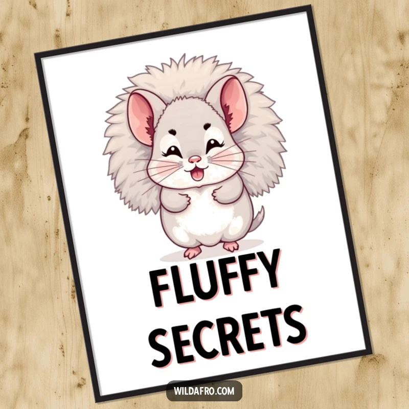 Funny digital art print of a giggling chinchilla character hiding within its fluffy afro. Instant humorous decor.