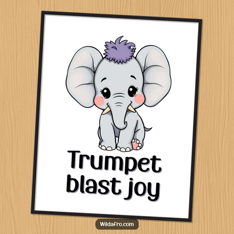 Funny happy elephant calf with a large afro trumpeting joyfully on digital art, radiating pure happiness, a downloadable funny gift.