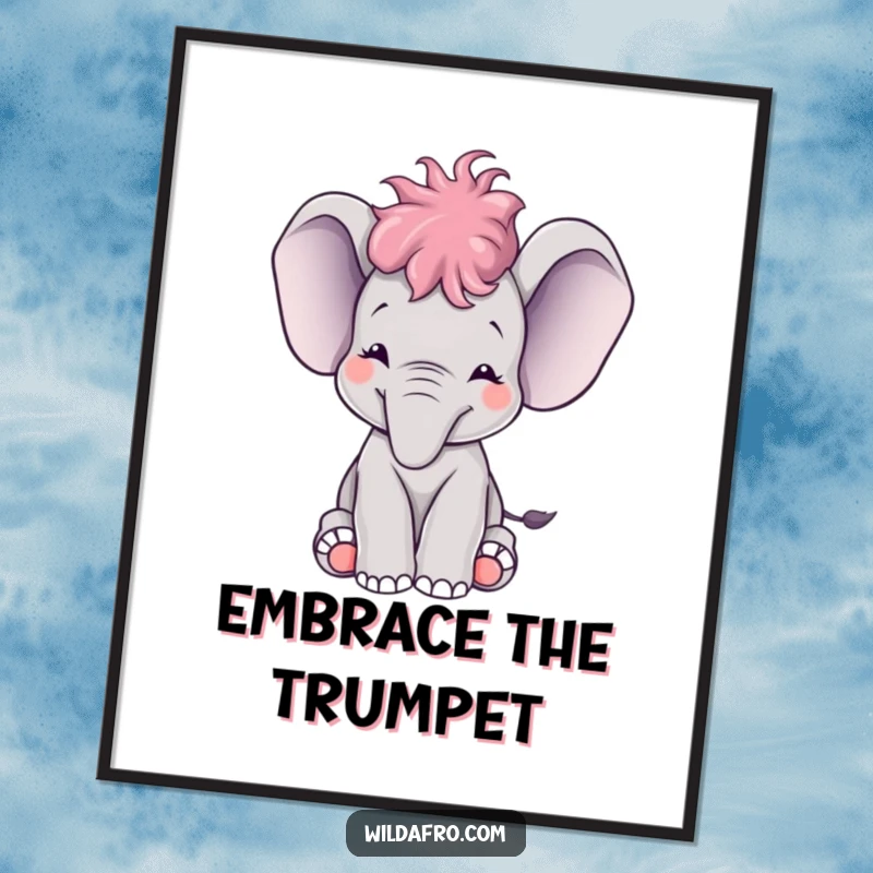 Funny baby elephant with a small afro trumpeting joyfully, a cheerful and humorous digital art print.