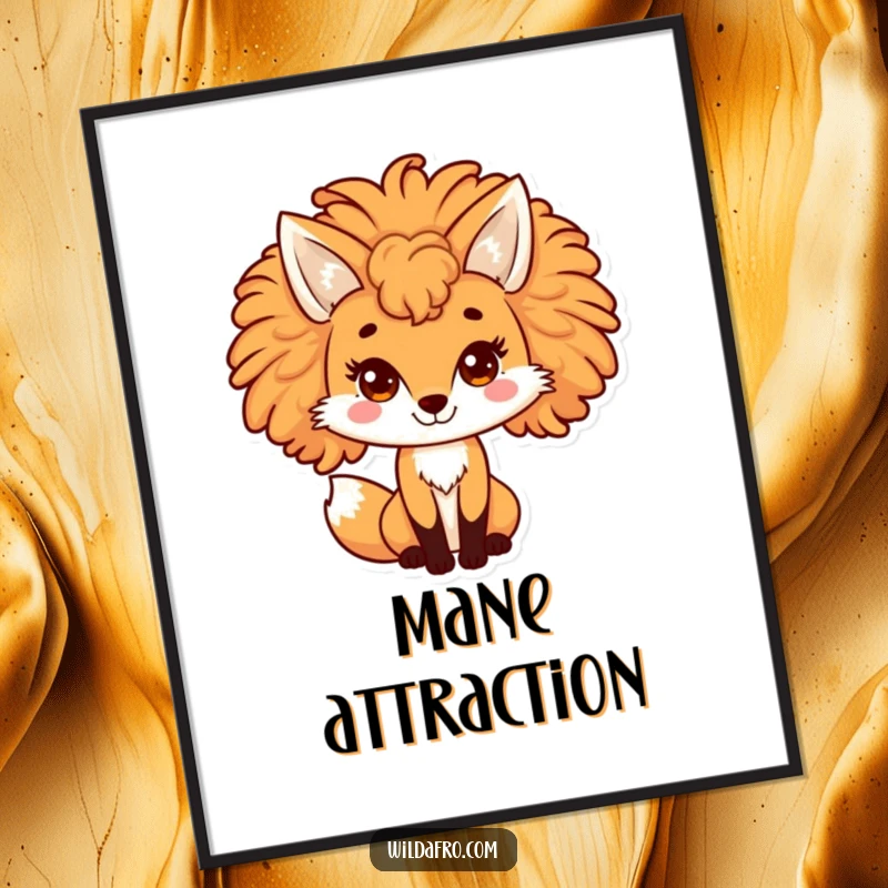 Funny fox digital art print of a playful character with a large, curly afro mane. Instant, humorous wall art for charming decor.