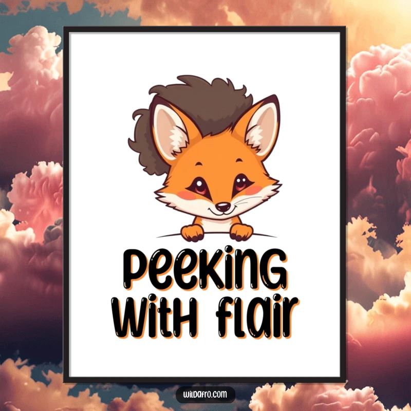 Funny curious fox with a stylish afro peeking out on digital art, exuding slyness and cool charm, a downloadable funny gift.