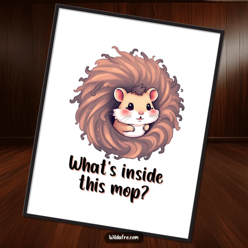 Funny hamster digital art print showing a curious hamster emerging from a swirling afro hair vortex, perfect for quirky decor.