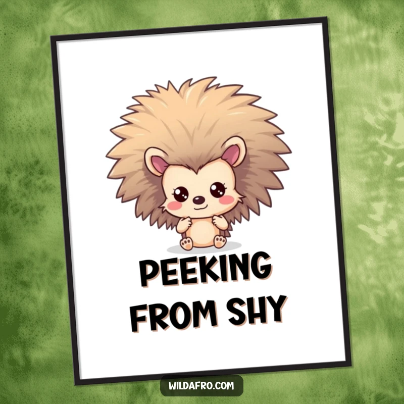 Funny Hedgehog Afro Digital Art Print: A shy hedgehog character peeks out from behind a spectacular, large afro.