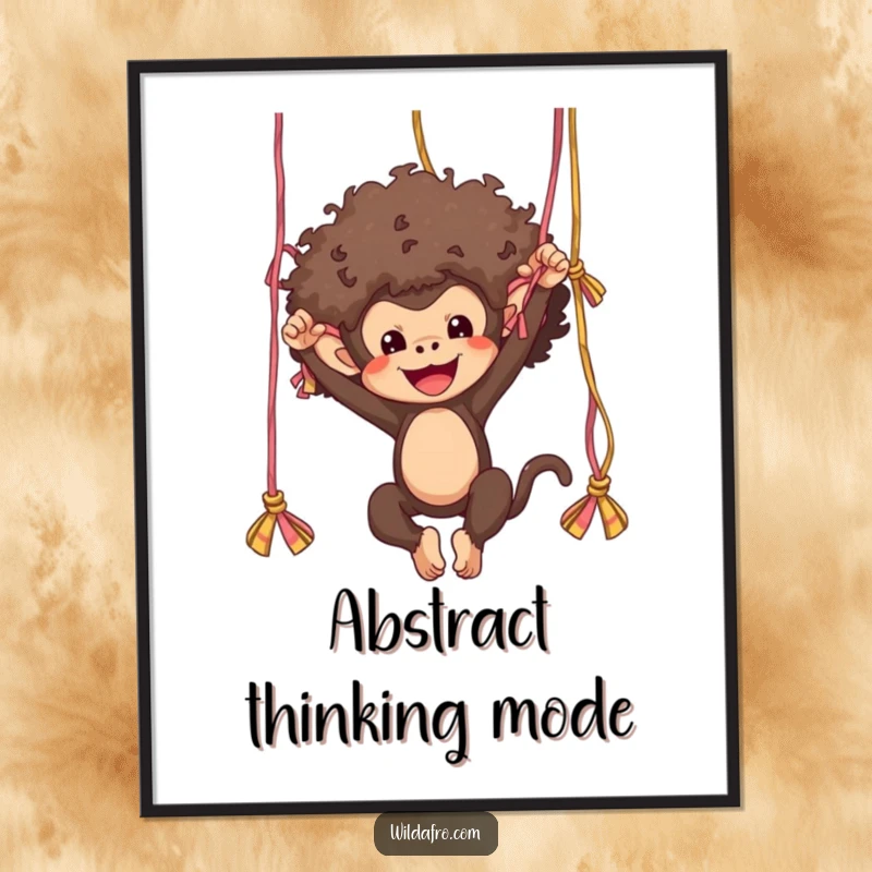 Funny monkey with a large afro dynamically swinging from yarn strands, a vibrant and humorous digital art print.