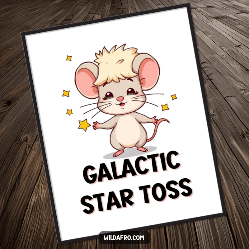 Funny digital art print of a cool mouse with an afro, skillfully juggling bright stars, offering instant cosmic charm and humor.