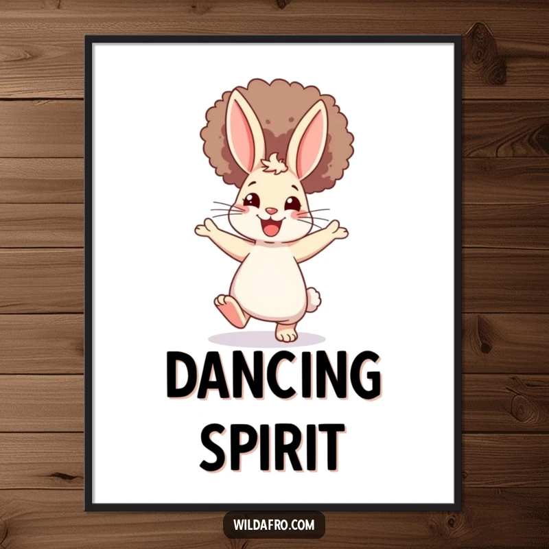 Funny Rabbit Afro Digital Art Print: A happy bunny with a voluminous afro, dancing ecstatically, a downloadable piece of humorous and joyful art.