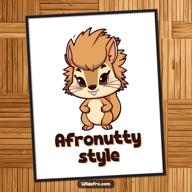 Funny squirrel digital art print of a determined character with a stylish, bushy afro. Instant, humorous wall art for motivational decor.