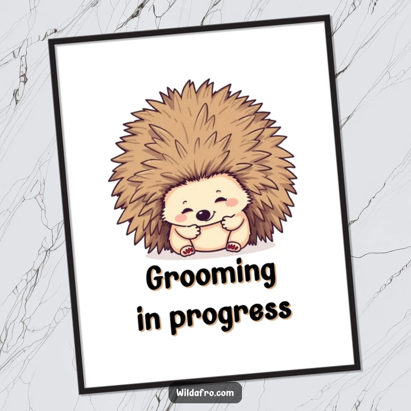 Funny hedgehog character playfully digging into a large afro, available as a digital art print.