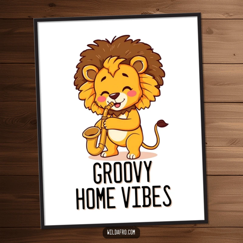 Funny Lion Saxophone Afro Digital Art Print of a happy lion playing a saxophone with a cool afro, ready to hang.