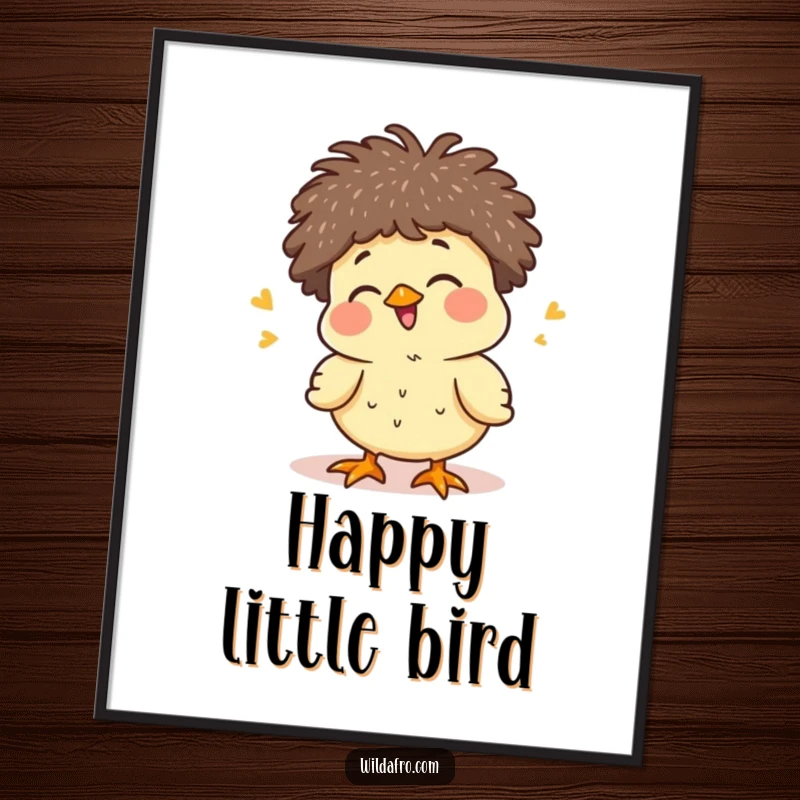 Funny giggling chick with a tiny afro chirping happily on digital art, radiating pure joy and cuteness, a downloadable funny gift.