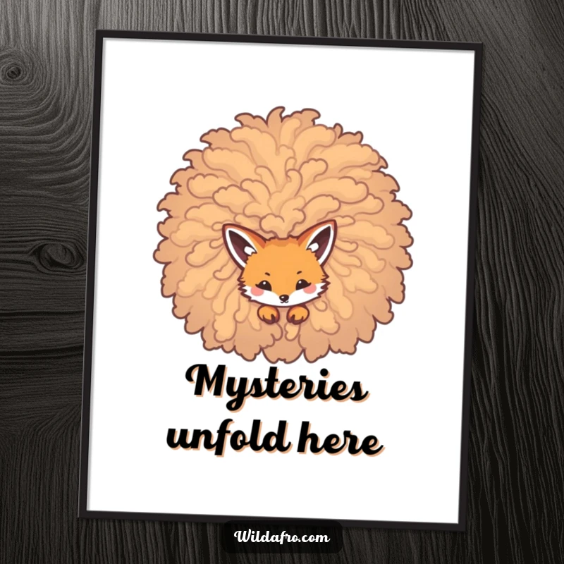 Funny digital art print of a sly fox peeking from a huge, curly afro, ready to download and print.