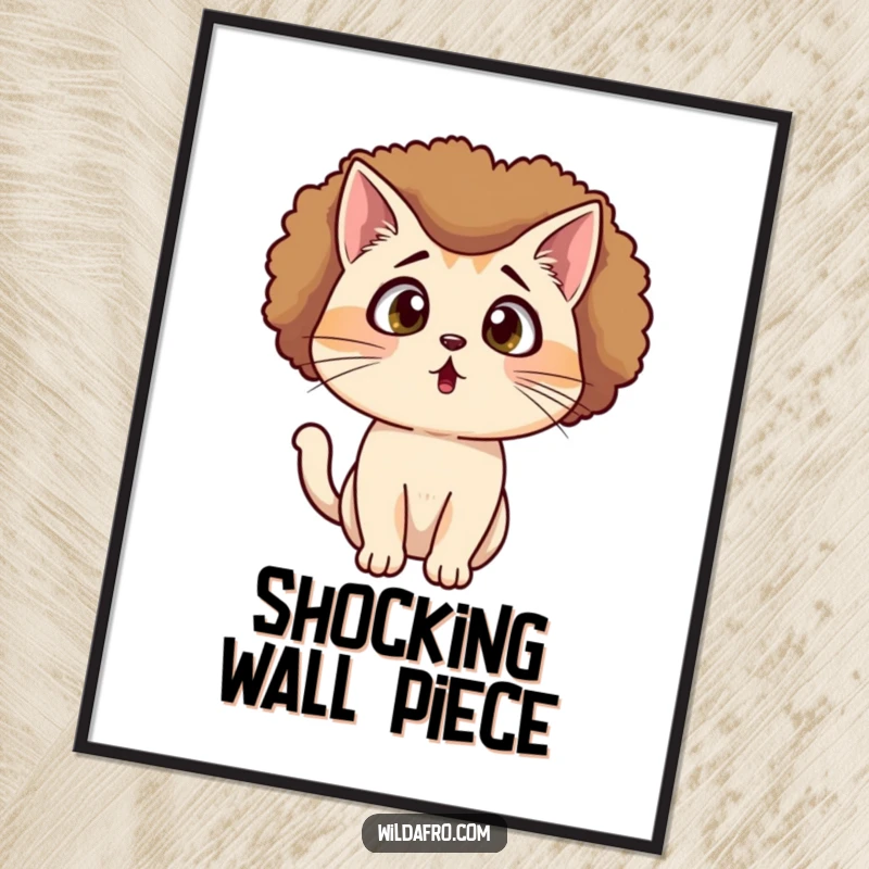 Funny Cat Afro Digital Art Print of a surprised cat with an afro wig looking shocked, ready to add drama.