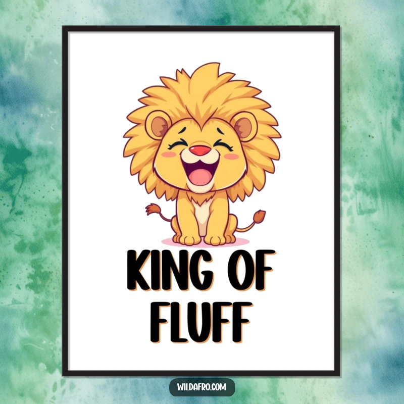 Funny lion cub digital art, happy with a magnificent afro, playfully roaring with infectious spirit. An instant funny gift.