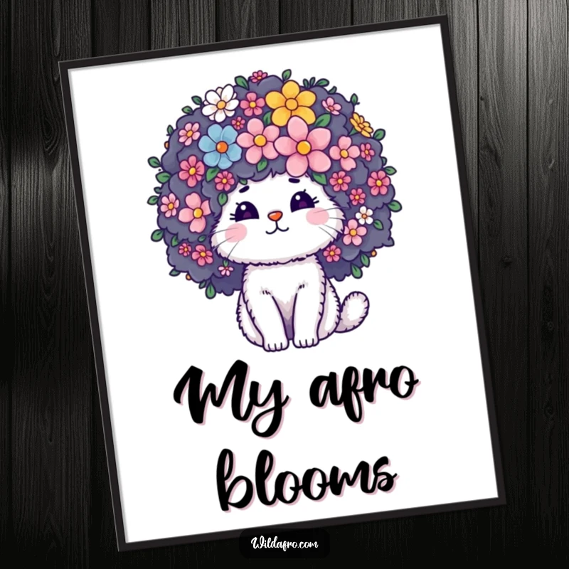 Funny Digital Art Print of a fluffy cat character's giant curly afro blossoming into a colorful flower arrangement, perfect for whimsical decor.