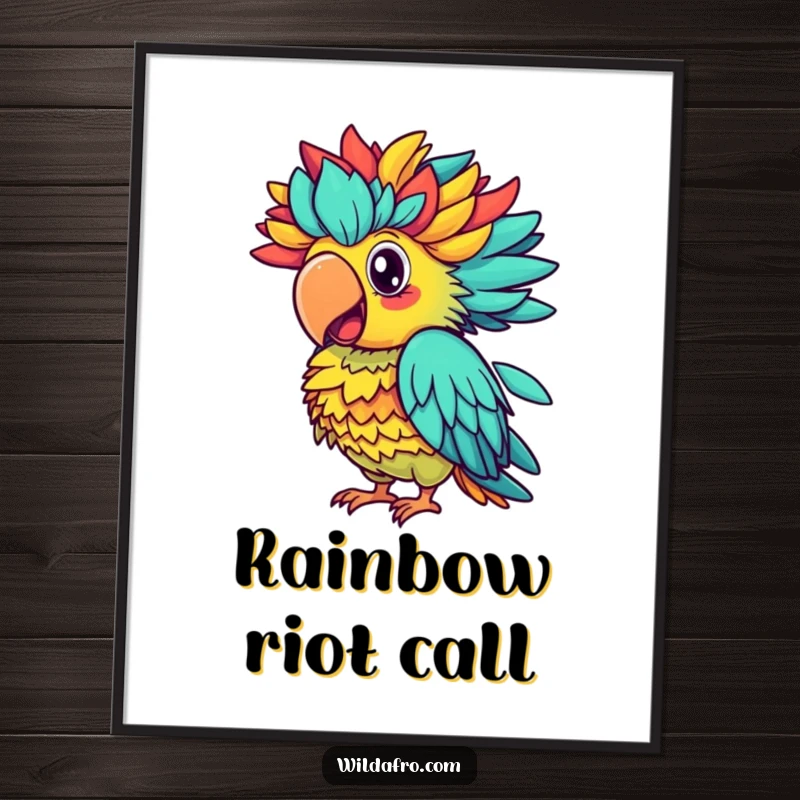 Funny parrot digital art, a proud parrot with a large afro squawking colorfully, a lively and humorous illustration.