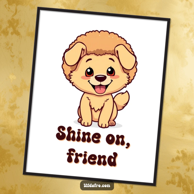 Funny Dog Afro Digital Art Print: A happy dog character with a shimmering afro joyfully wags its tail.