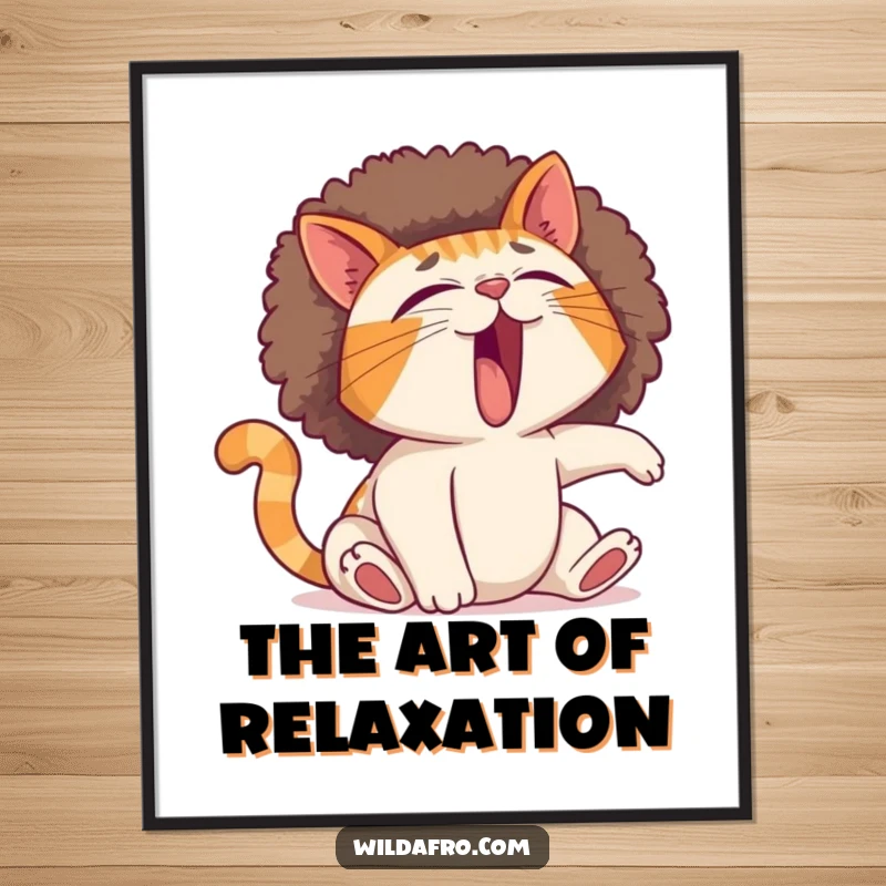 Funny cat digital art print showing a yawning feline with a dramatically expanding afro during a stretch, perfect for humorous decor.