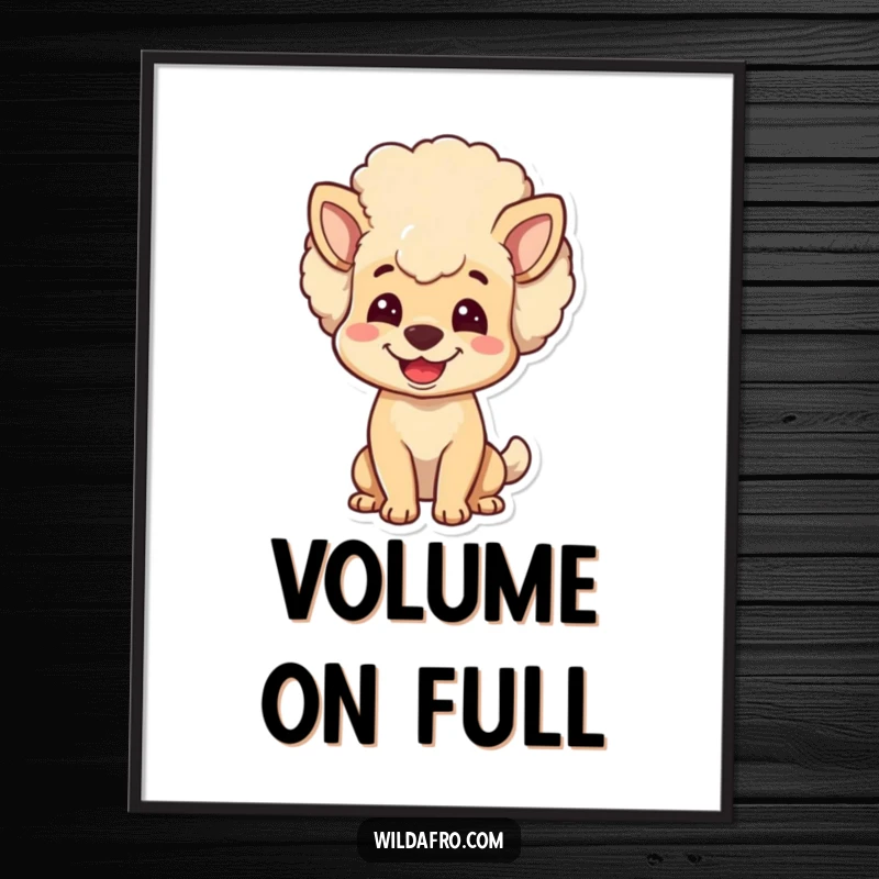 Funny dog digital art print of a joyful character with a voluminous, bouncy afro head. Instant, humorous wall art.