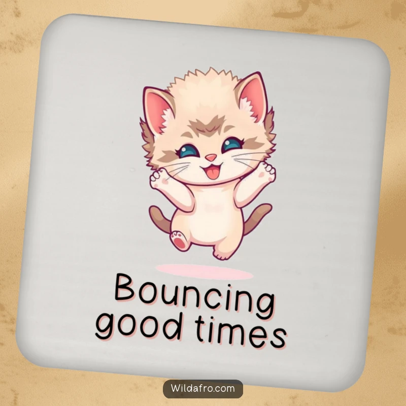 Funny kitten afro coasters featuring a playful kitten with a round afro, bouncing joyfully and protecting surfaces with humor.
