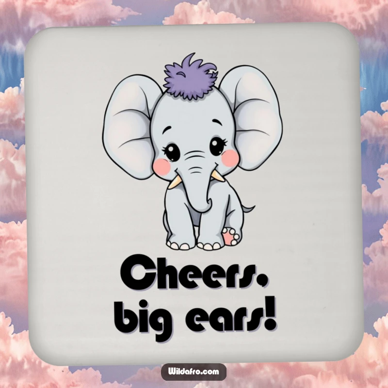Funny happy elephant calf with a large afro on a coaster, exuding pure joy and charm, a delightful funny gift.