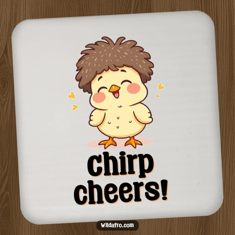 Funny giggling chick with a tiny afro on a coaster, exuding pure cuteness and joy, a delightful funny gift.