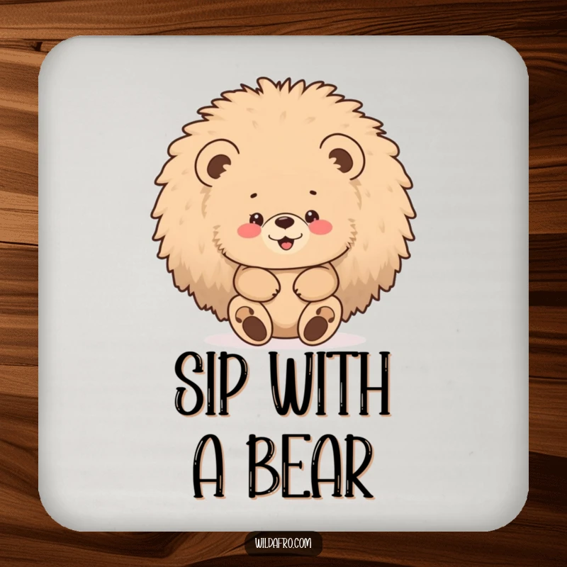 Funny bear afro drink coasters showing a chubby bear cub gleefully hiding inside a large, fluffy afro.