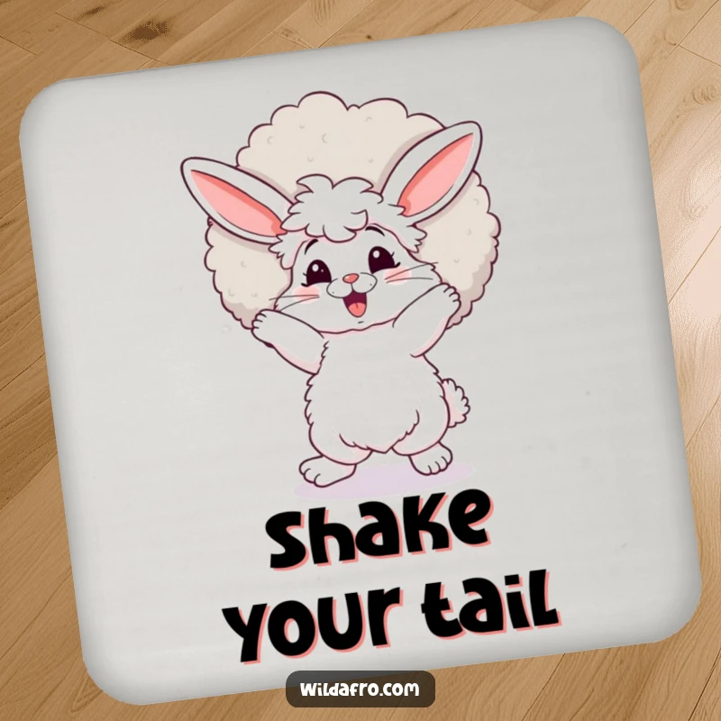 Funny bunny coaster, fluffy with a large afro, dancing with delight, a charming and functional accessory. A lovely funny gift.