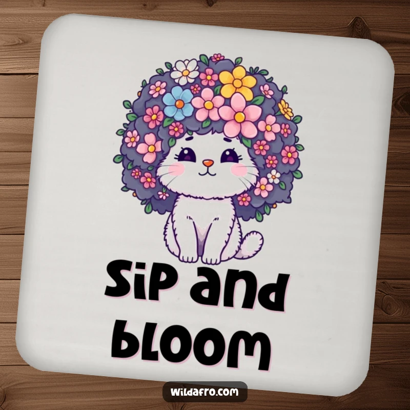 Funny Drink Coasters featuring a fluffy cat character with a giant curly afro blooming with flowers, offering charming surface protection.