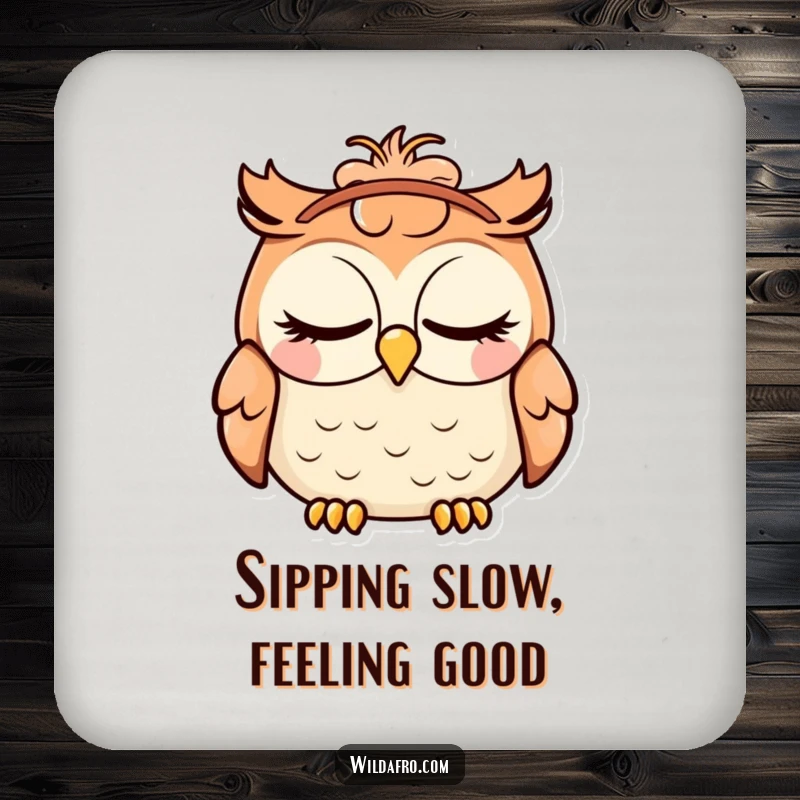 Funny drink coasters featuring a contented owl with closed eyes and a groovy afro headband, adding a humorous touch to drink service.