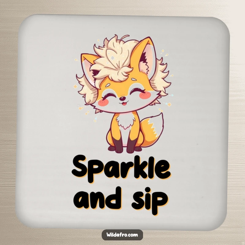Funny Drink Coasters featuring a cheerful fox character's giant afro shedding glitter, offering charming protection with a playful shimmer.