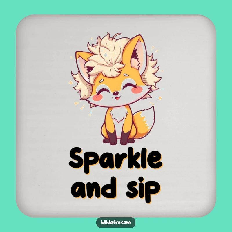 Funny Fox Glitter Afro Coaster Set: Cheerful Character Protection with Shimmering Charm