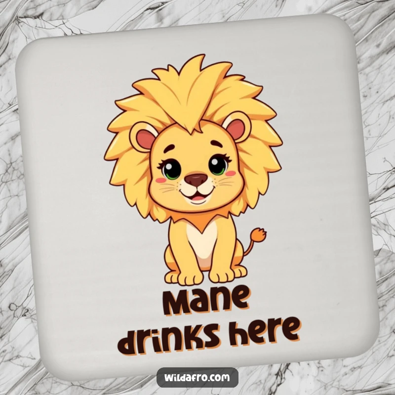 Funny drink coaster with a cheerful lion character displaying a playful afro mane, a humorous accessory for tables.