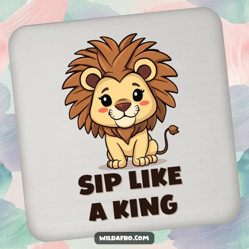 Funny lion drink coaster with a proud lion character sporting a majestic afro, shaking its mane with undeniable cool.