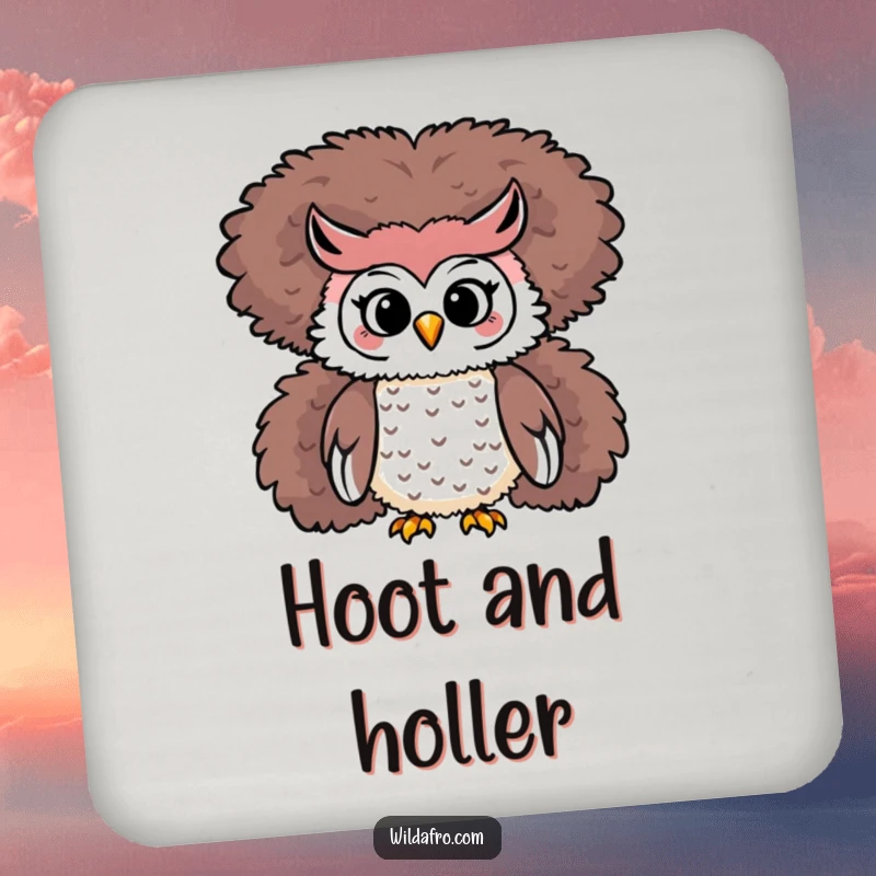 Funny Owl Afro Coasters: A playful owl character sits atop a towering, fluffy afro on coasters.