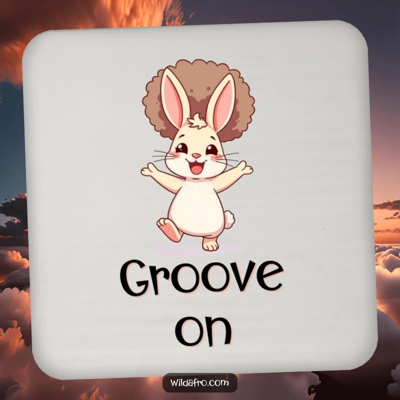 Funny Rabbit Afro Coaster: A happy bunny with a huge afro, dancing joyfully, protecting surfaces with a humorous and charming design.