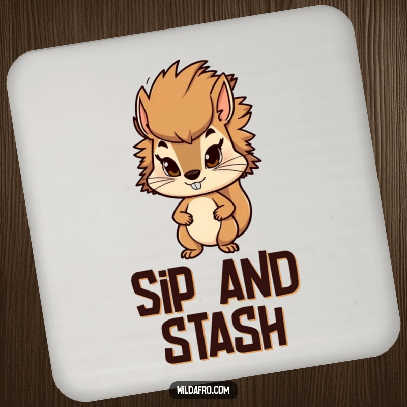Funny squirrel coaster showcasing a determined character with a stylish, bushy afro. Protects surfaces with humor and determined charm.