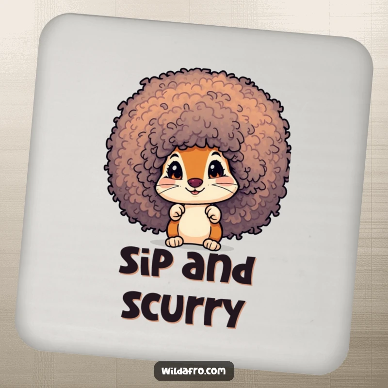 Funny Squirrel Afro Coasters: A curious squirrel character peeks out from a vibrant, textured afro on coasters.