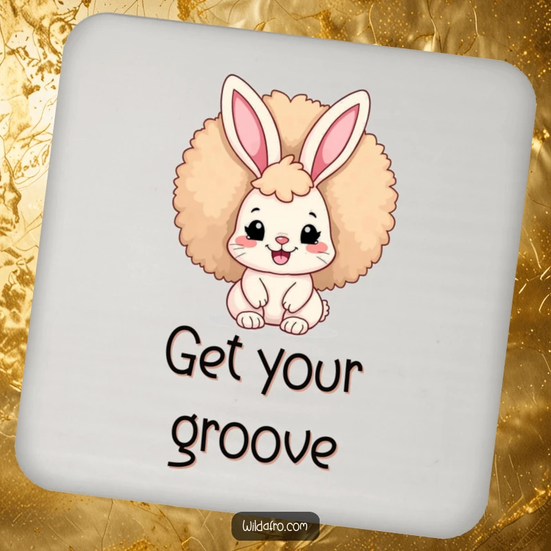 Funny Afro Bunny Coaster featuring a cute bunny with a large afro and a broad smile, adding stylish charm to drink surfaces.