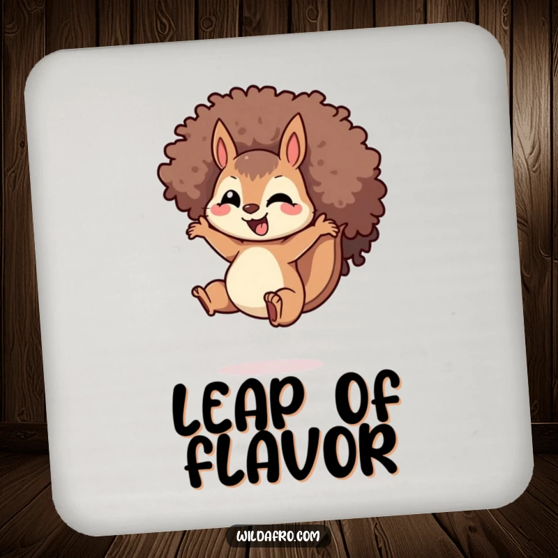 Funny Squirrel Afro Coaster: A delighted squirrel with a spiraled afro, mid-jump, protecting surfaces with a humorous and action-packed design.