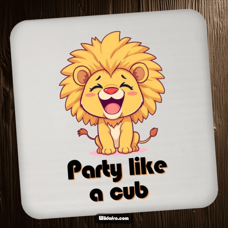 Funny lion cub coaster, happy with a voluminous afro, playfully roaring, a cute and functional accessory. A lovely funny gift.