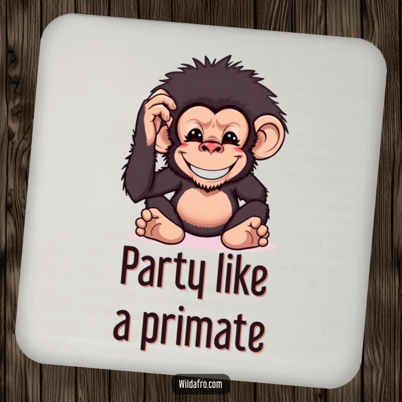 Funny chimpanzee coasters with a grinning monkey character patting its bushy afro, protecting surfaces with humor.