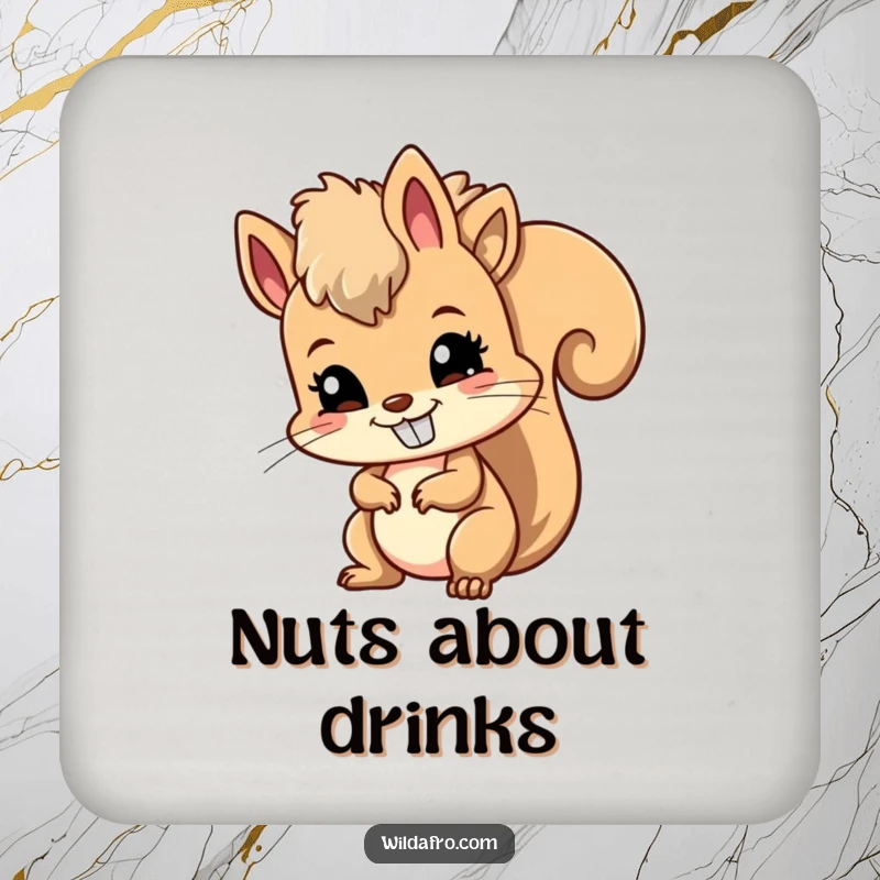 Funny drink coaster featuring a mischievous squirrel shaking its afro with a wide, cheerful grin, protecting surfaces humorously.