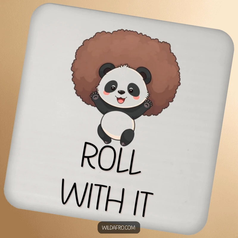 Funny panda rolling in a fluffy afro, printed on coasters to protect surfaces with humorous and joyful flair, a funny gift.